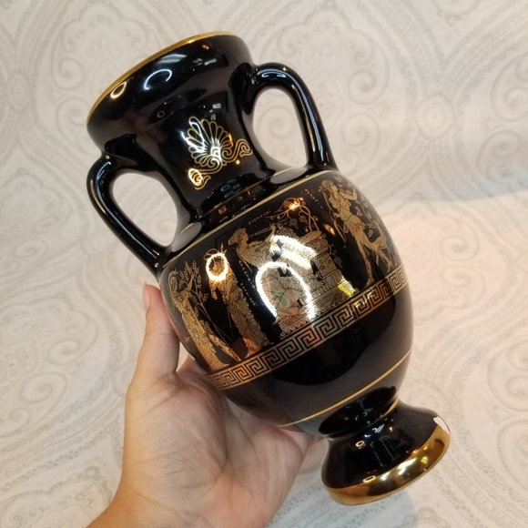 1960s I. Spyropoulos Greek Black Urn Handled Vase 24k Gold Detailing Handmade - Picture 2 of 11